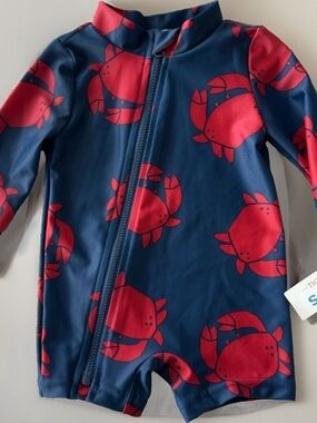 Navy Blue Crab Print Zippered Swim Romper